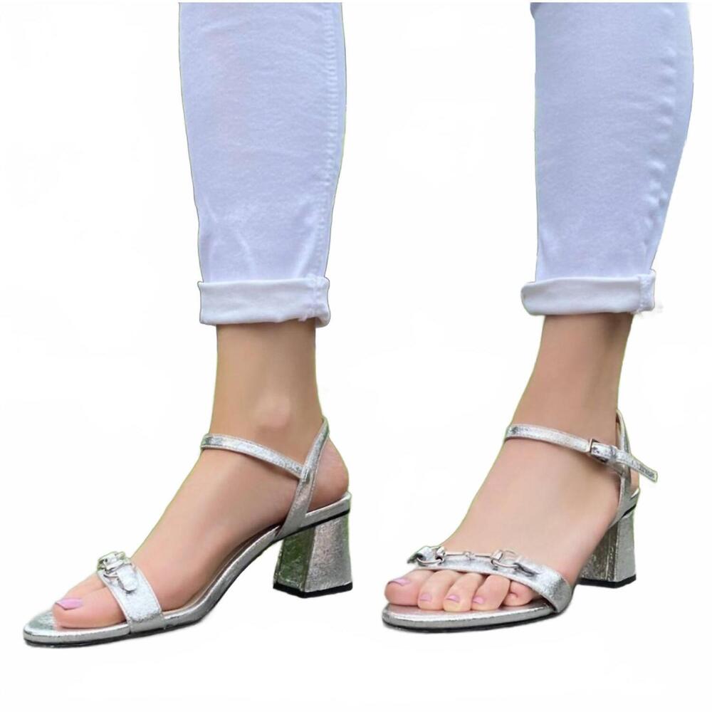 NEW KARA MAC SHOES women's gigi mid heel dress sandal in silver crinkle